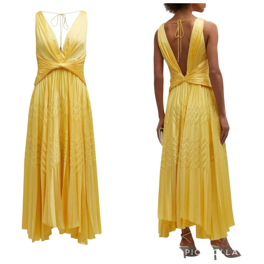 $470 Acler Buttercup Yellow Pleated Wrap-Front Midi Dress Size 10 / AU 14